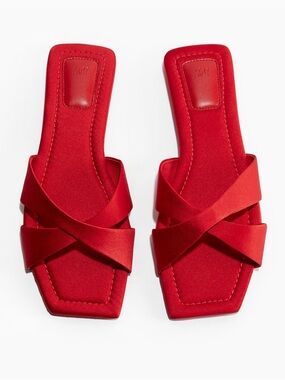 NWT H&M Red Satin Flat Sandals, US women’s size 8.5